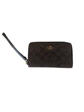 Coach Signature Brown Leather Wristlet Wallet With Gold Hardware